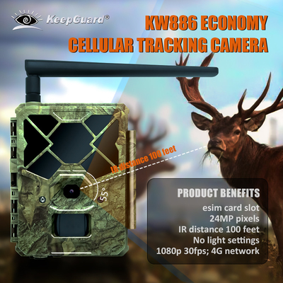Cámara de vida silvestre KW886 rentable con control APP 4G tarjeta SIM 24MP 1080P a 30fps cámara de juego de visión nocturna IP67 impermeable