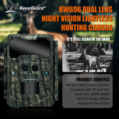 KW696 cámara de caza al aire libre de doble lente de 30MP sin resplandor cámara de rastro de visión nocturna 1080p 512G para