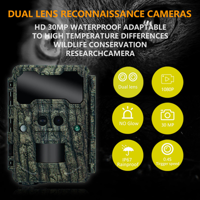Cámara de caza al aire libre KW696 de doble lente de 30MP impermeable IP67 visión nocturna 1080p hasta 512GB de almacenamiento cámara de rastro sin brillo