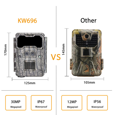Cámara de caza al aire libre KW696 de doble lente de 30MP impermeable IP67 visión nocturna 1080p hasta 512GB de almacenamiento cámara de rastro sin brillo
