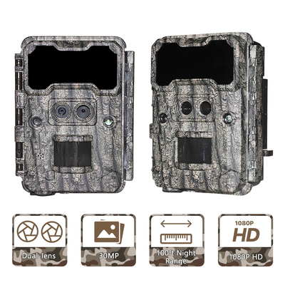 Cámara de caza al aire libre KW696 de doble lente de 30MP impermeable IP67 visión nocturna 1080p hasta 512GB de almacenamiento cámara de rastro sin brillo