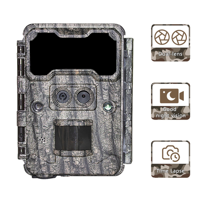 Cámara de caza al aire libre KW696 de doble lente de 30MP impermeable IP67 visión nocturna 1080p hasta 512GB de almacenamiento cámara de rastro sin brillo