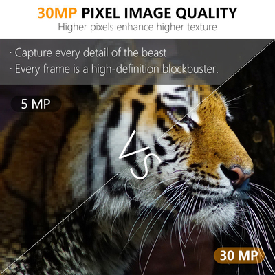 30MP No-Glow LED Trail Camera para juego de caza de visión nocturna con video 1080P y capacidad de tarjeta de memoria de 512 GB