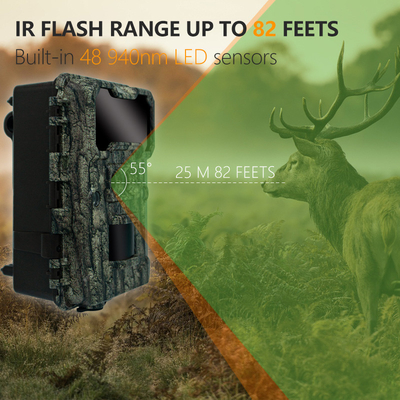 Cámara de caza de doble lente KW696 OEM/ODM velocidad de respuesta de 0.4s 1080P/30MP impermeable IP67 alcance nocturno de 100 pies para la caza de vida silvestre