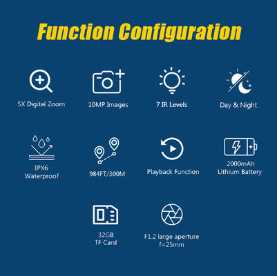 Capacidad de visión nocturna • Pantalla de alta resolución • Visibilidad de largo alcance • Diseño duradero y resistente adecuado para uso en exteriores • Controles fáciles de operar • Batería recargable