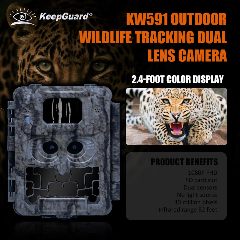 KW591 Camara de caza al aire libre sin resplandor Dos sensores 1080P FHD Cámara de caza nocturna viison CMOS doble lente
