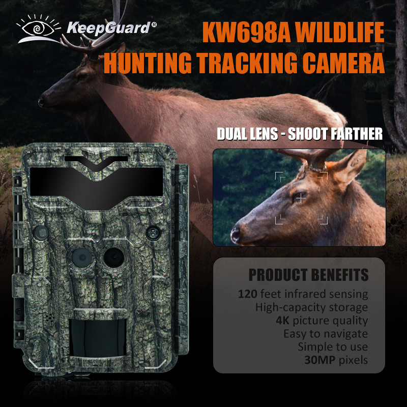 KW698A cámara de rastro de caza de vida silvestre de doble lente de 2 sensores cámara de exploración de juegos 4K cámara de visión nocturna cámara infrarroja