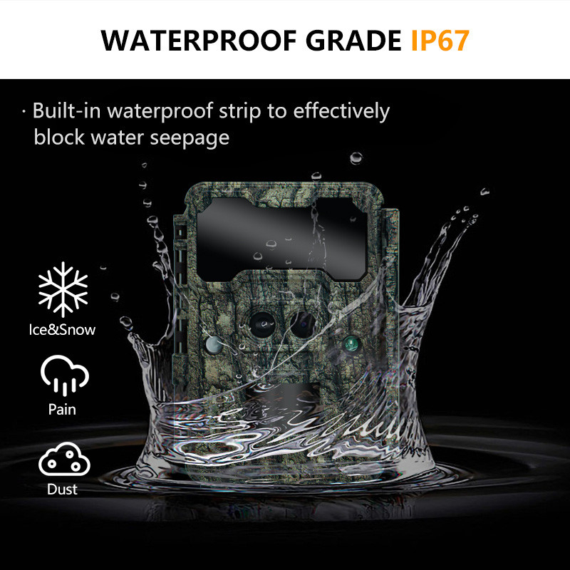 Cámara de caza al aire libre KW696 de doble lente de 30MP impermeable IP67 visión nocturna 1080p hasta 512GB de almacenamiento cámara de rastro sin brillo