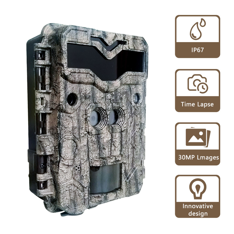 Cámara de caza KW698A de doble lente 1080P 30MP resistente al agua IP67 hasta 512GB de almacenamiento visión nocturna 0.25s cámara de juego