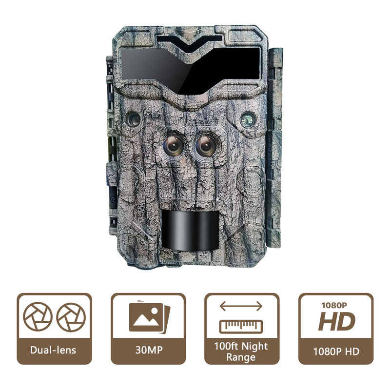 Cámara de caza KW698A de doble lente 1080P 30MP resistente al agua IP67 hasta 512GB de almacenamiento visión nocturna 0.25s cámara de juego