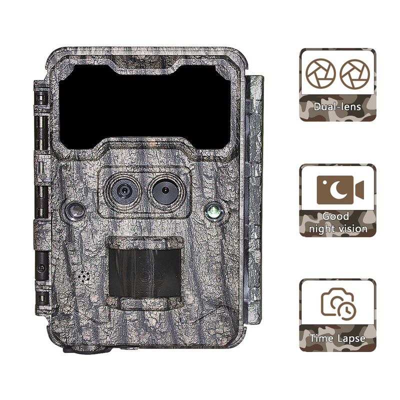 Cámara de caza al aire libre KW696 de doble lente de 30MP impermeable IP67 visión nocturna 1080p hasta 512GB de almacenamiento cámara de rastro sin brillo