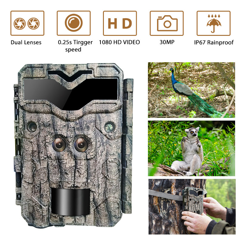 Cámara de vigilancia de caza KW698A con doble lente 1080P 30MP resistente al agua IP67 hasta 512GB visión nocturna 0.25s disparador