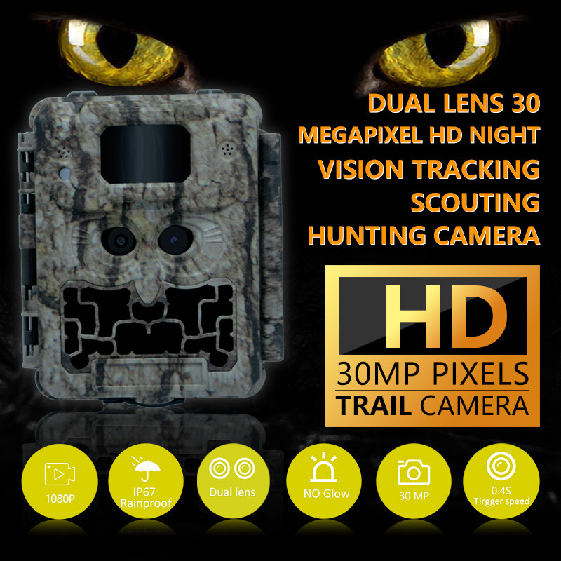 30MP No-Glow LED Trail Camera para juego de caza de visión nocturna con video 1080P y capacidad de tarjeta de memoria de 512 GB