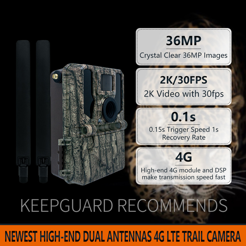 Alta gama cámara de rastreo inalámbrica 4G 2024 más reciente KW897 con antenas dobles 36MP 2K 0.1s velocidad de disparo con visión nocturna para para la investigación de la vida silvestre