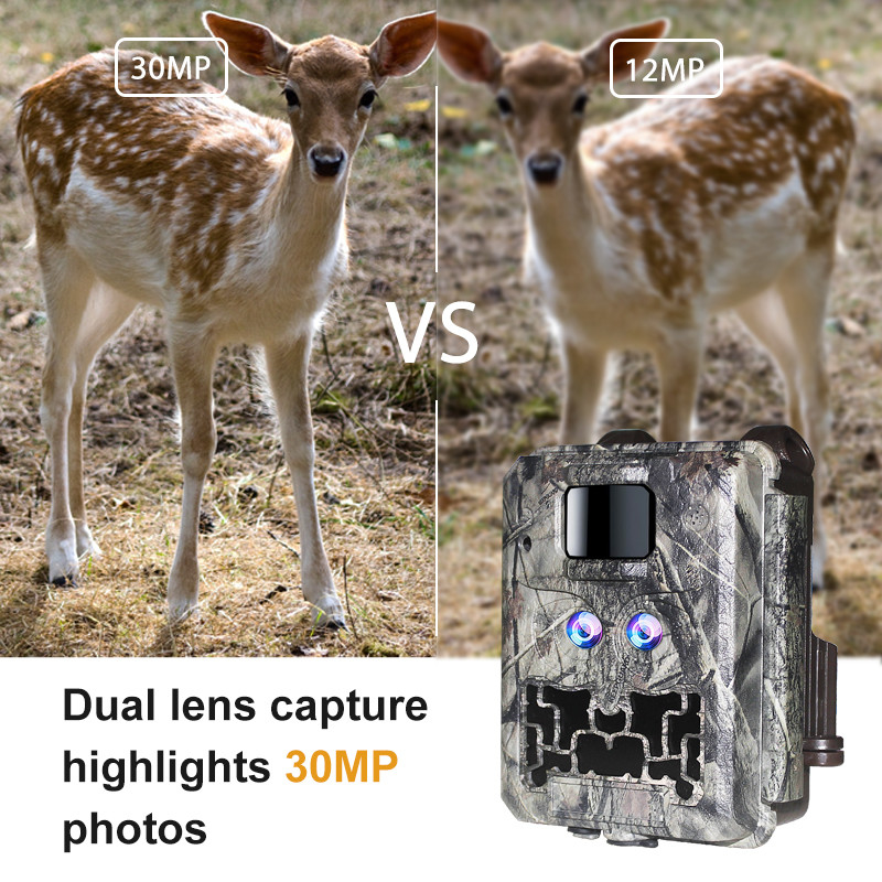 Cámara oculta con doble lente KW591 impermeable IP67 30MP 1080P 0.4s Visión nocturna hasta 512GB para investigación de vida silvestre